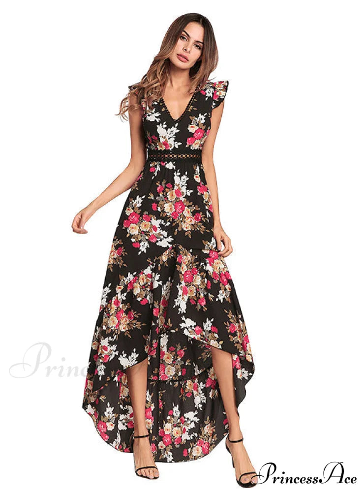 Bohemian Irregular Flowered Design V-Neck Dress S / White Dresses