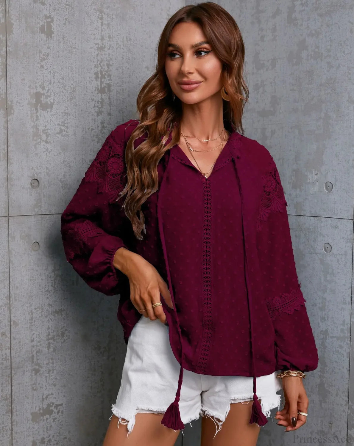Bohemian Lace Hollow Out Tassel Oversize Boho Blouse Claret / S bohoblouse-250126