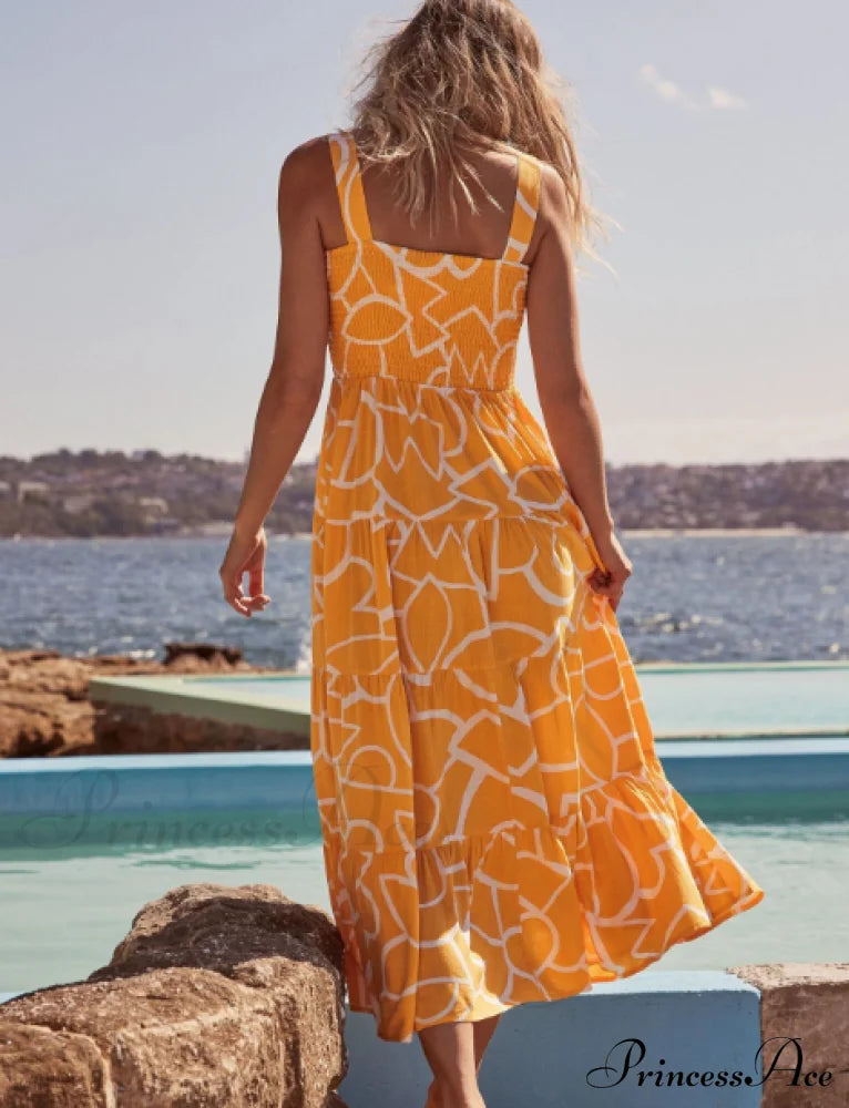 Bohemian Strapless Women Summer A-Line Print Beach Long Dress M / Orange Dresses