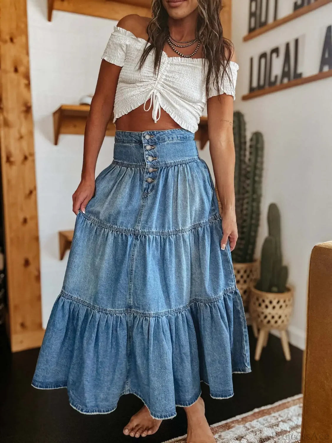Bohemian Tiered Denim Maxi Skirt skirts-250223