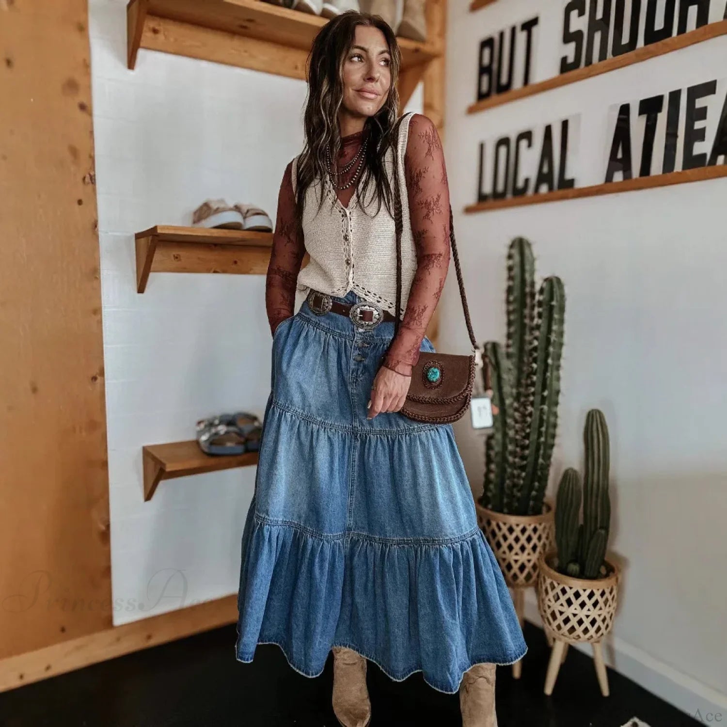 Bohemian Tiered Denim Maxi Skirt skirts-250223