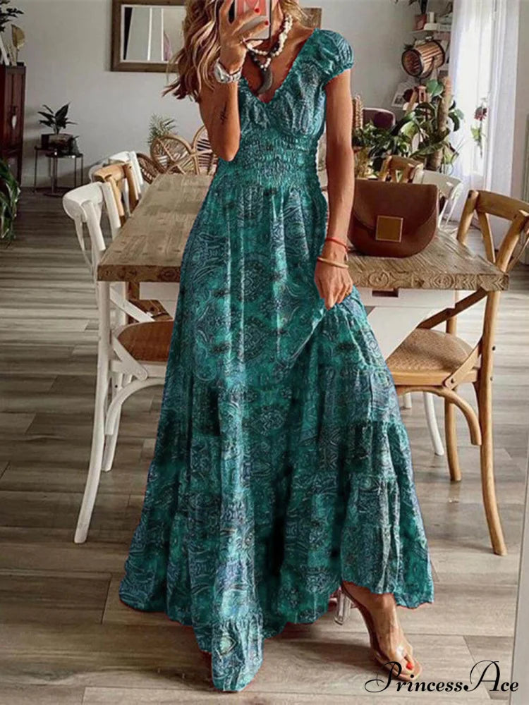 Bohemian Waisted Stylish Floral Print Dress Green / S Dresses
