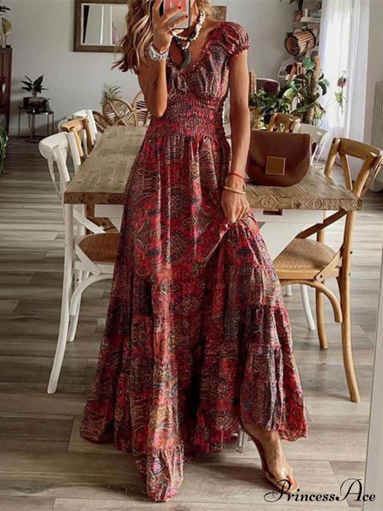 Bohemian Waisted Stylish Floral Print Dress Wine Red / S Dresses