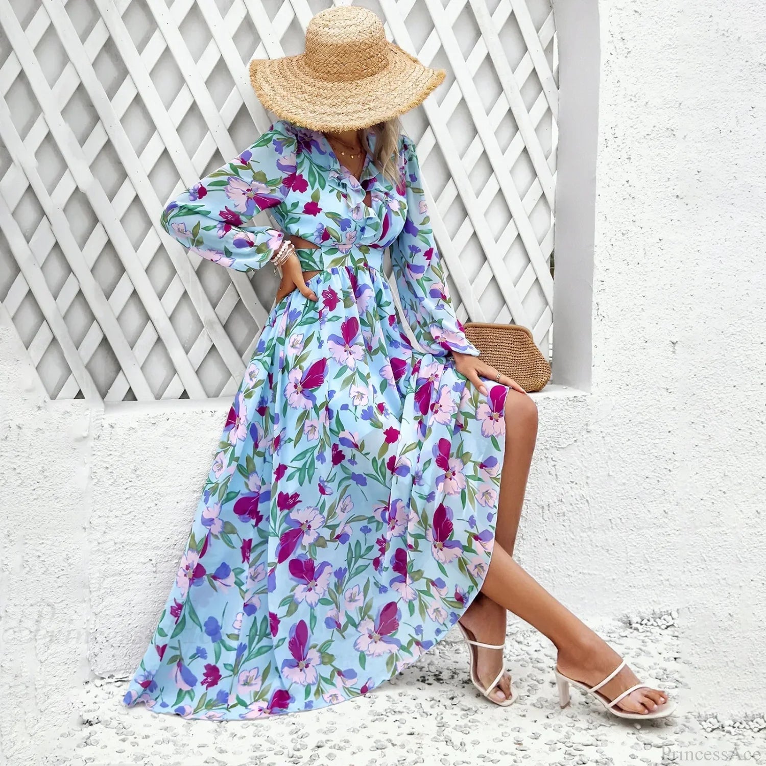 Boho Beach Deep V Neck Maxi Dress Blue / S bohodress-250126