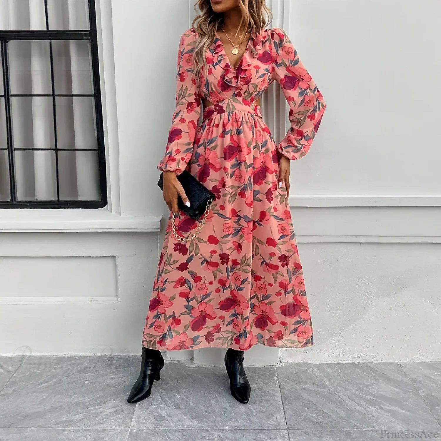 Boho Beach Deep V Neck Maxi Dress Pink / S bohodress-250126