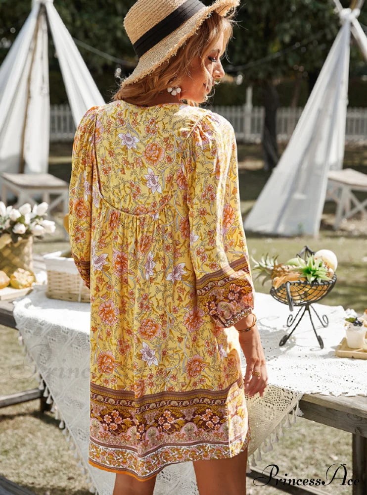 Boho Beach Dress Female Vintage Printed Mini Casual 3/4 Sleeve Loose Elegant L / Yellow Dresses