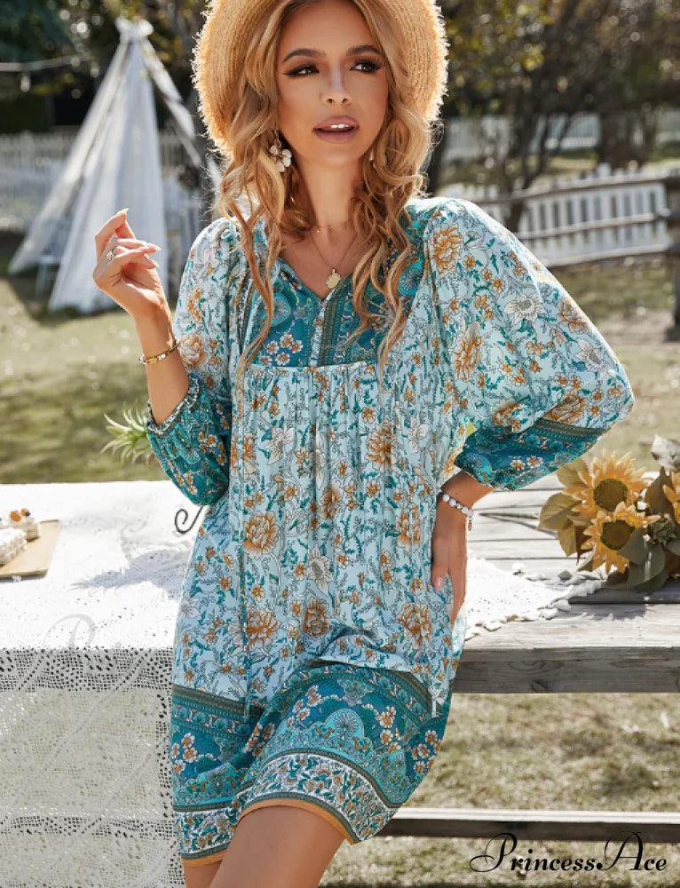 Boho Beach Dress Female Vintage Printed Mini Casual 3/4 Sleeve Loose Elegant M / Orange Dresses