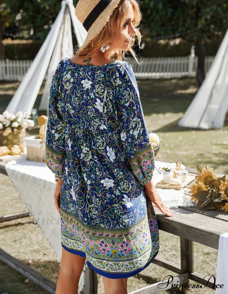 Boho Beach Dress Female Vintage Printed Mini Casual 3/4 Sleeve Loose Elegant S / Red Dresses