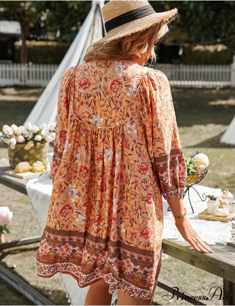 Boho Beach Dress Female Vintage Printed Mini Casual 3/4 Sleeve Loose Elegant Xl / Gree Dresses