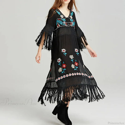Boho Black Cotton Floral Embroidery Dress Black / S bohodress-250126