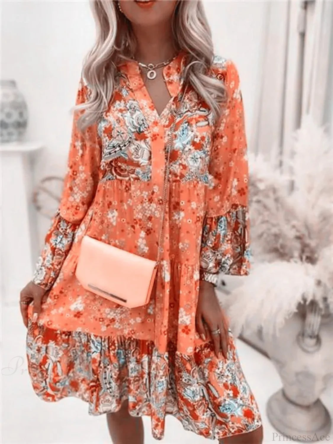 Boho Casual V-neck Loose A-line Floral Beach Party Dress Orange / S oldfloraldress-250126
