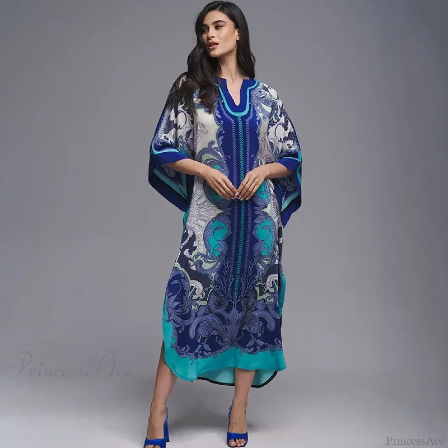 Boho Floral Print Beach Cover Up Blue / One Size