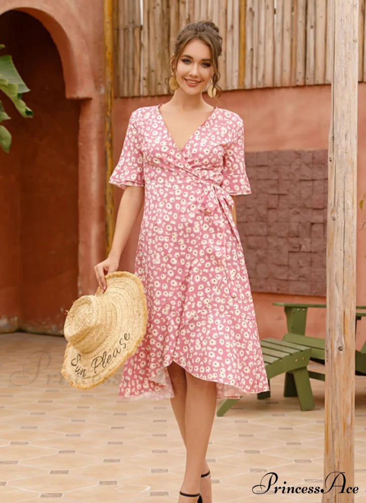 Boho Floral Print Vintage Midi Dress With Ruffle Sleeves For Women S / Pink Dresses