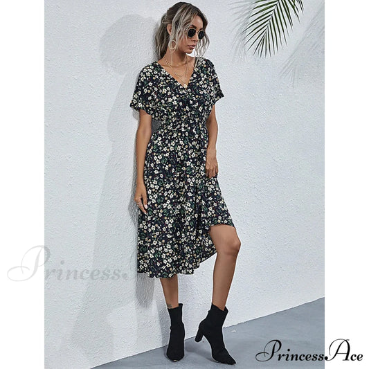 Women's V Neck Casual Boho Loose Midi Dress Black __stock:200 casual dresses clothes dresses refund_fee:1200 show-color-swatches