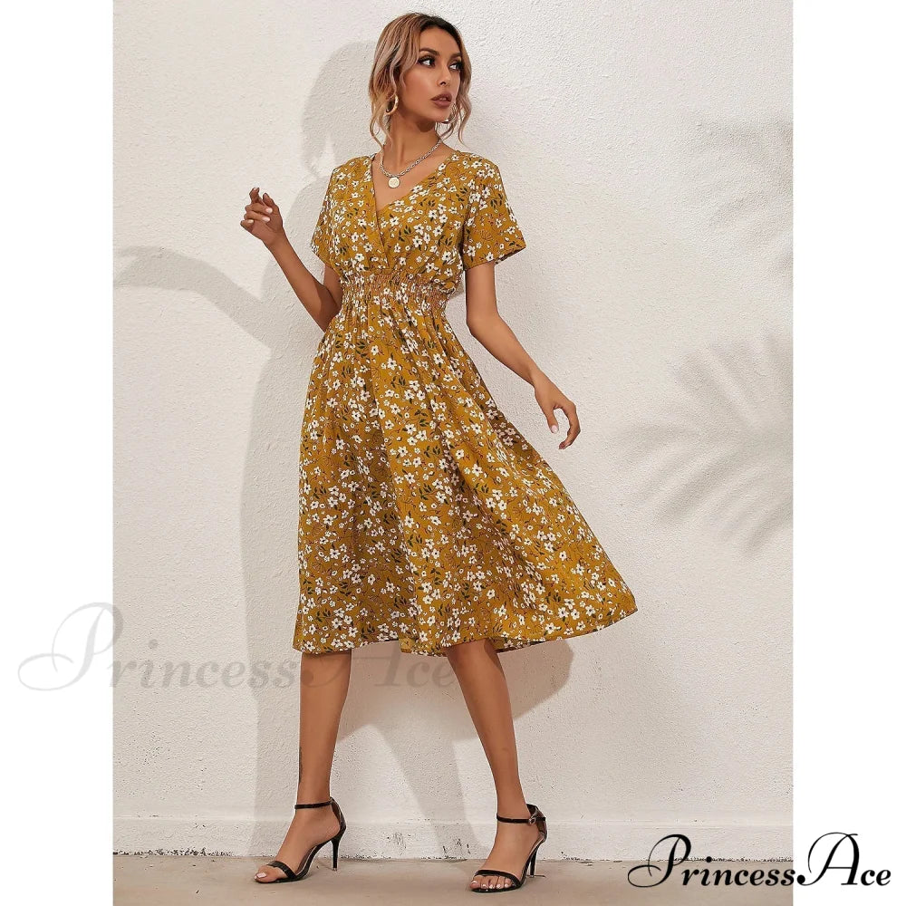 Women's V Neck Casual Boho Loose Midi Dress Dark Yellow __stock:200 casual dresses clothes dresses refund_fee:1200 show-color-swatches