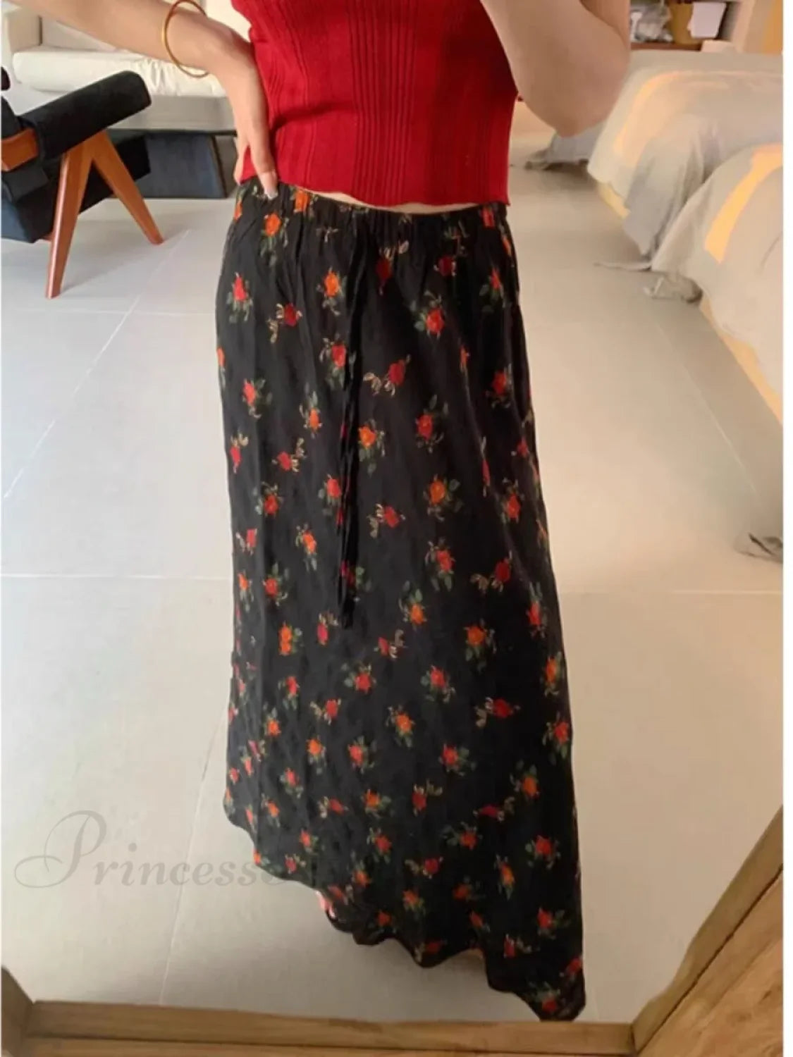 2024 Boho Maxi Skirt High Waist Floral Printed Hippie Rose Chic Black / M