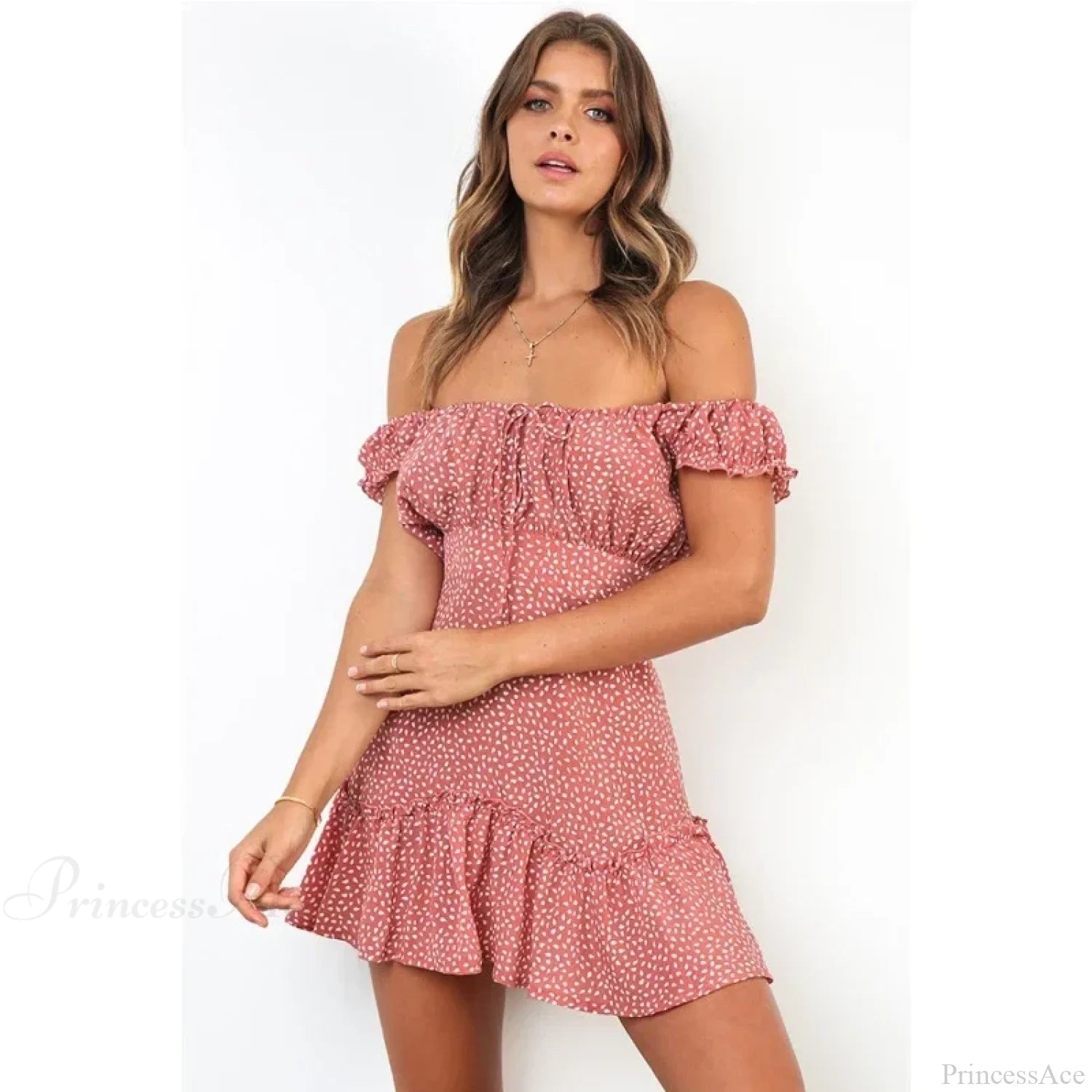 Boho Off-Shoulder Floral Chiffon Beach Dress Pink / S floraldress-250126