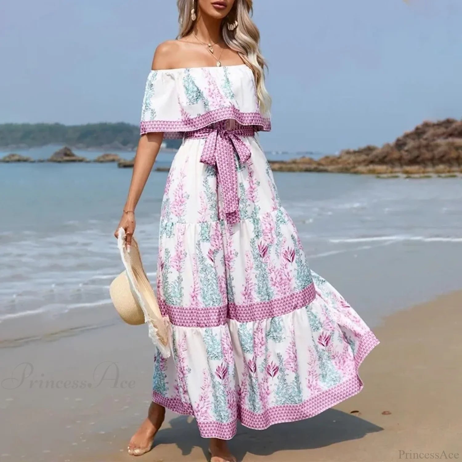 Boho Off-Shoulder Ruffle Floral Print Maxi Floral Dress pinkish-white / S floraldress-250126