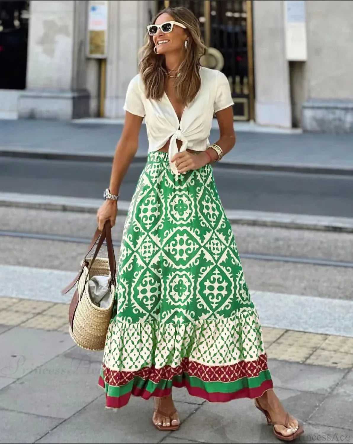 Boho Print High Waist Maxi Skirt Casual Loose Summer Skirt Light Green / S skirt-250126