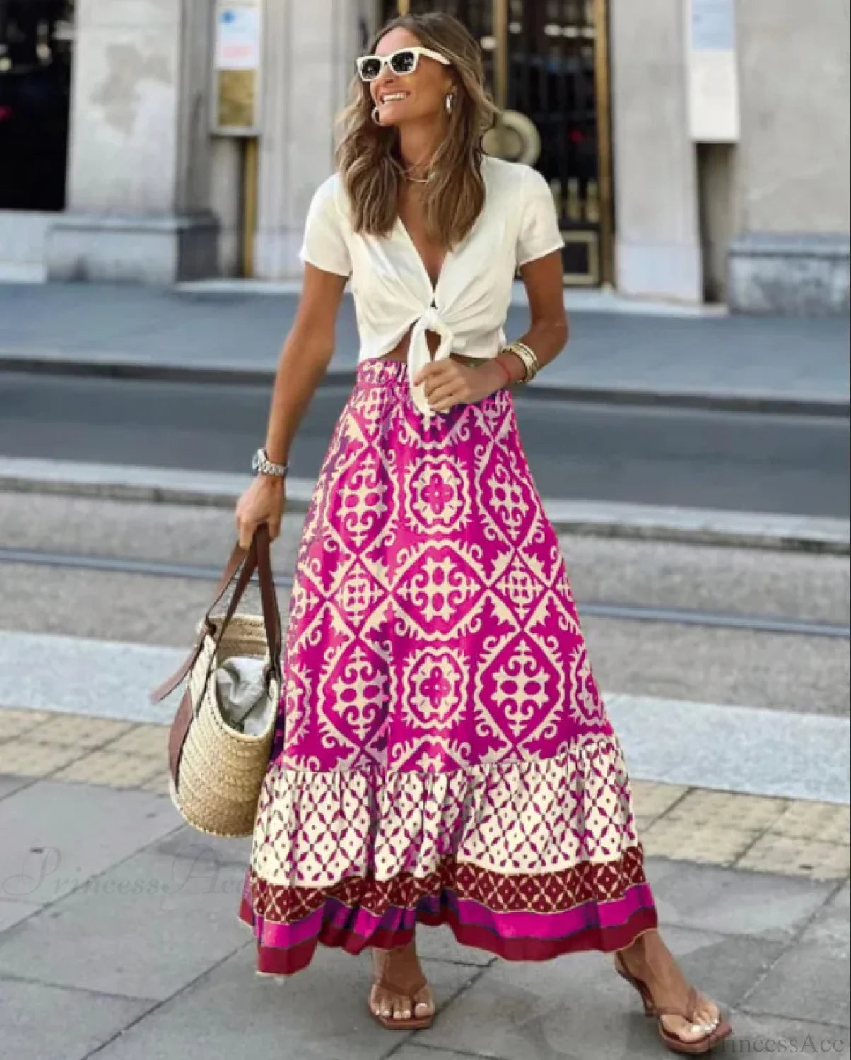 Boho Print High Waist Maxi Skirt Casual Loose Summer Skirt Rose Red / S skirt-250126