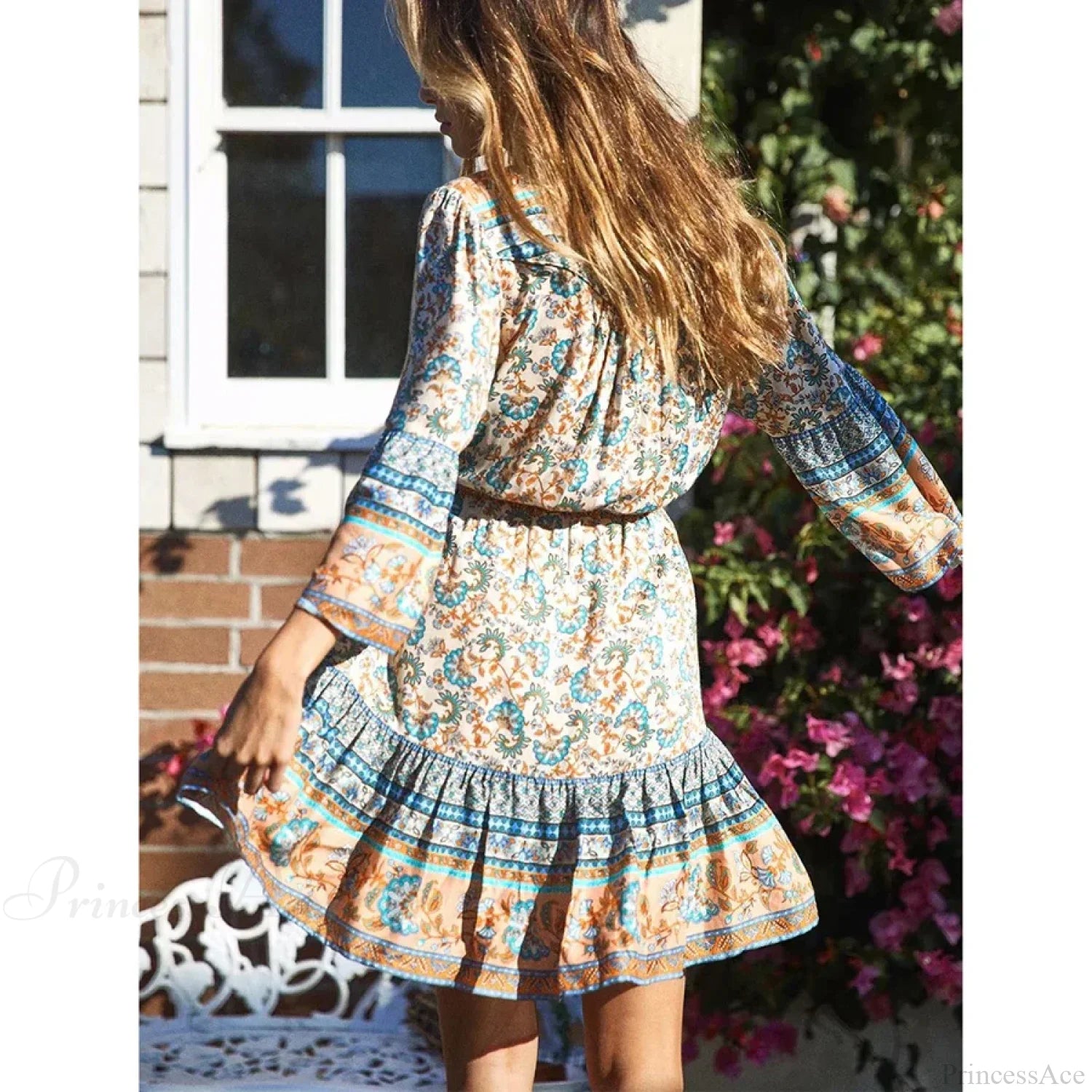 Boho Red Floral Print Mini Dress V-neck Short Summer Dress bohodress-250126