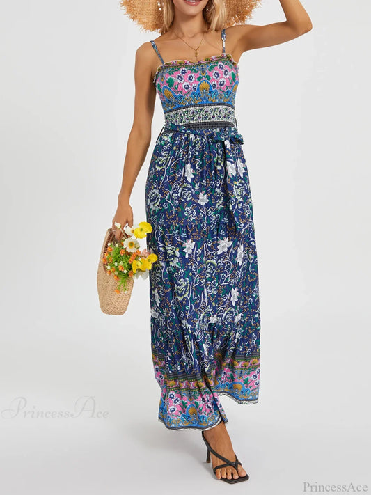 Boho Retro Floral Swing Spaghetti Straps Belted Long Floral Dress Blue / S floraldress-250126