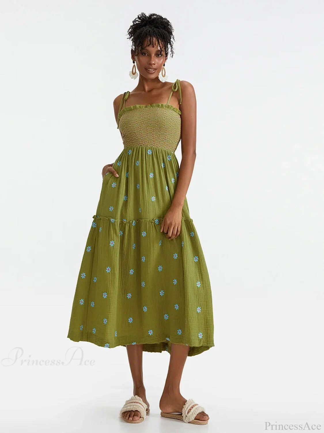 Boho Summer Flower Embroidery Tie-Up Shoulder Shirred A-Line Beach Dress GREEN / S floraldress-250126