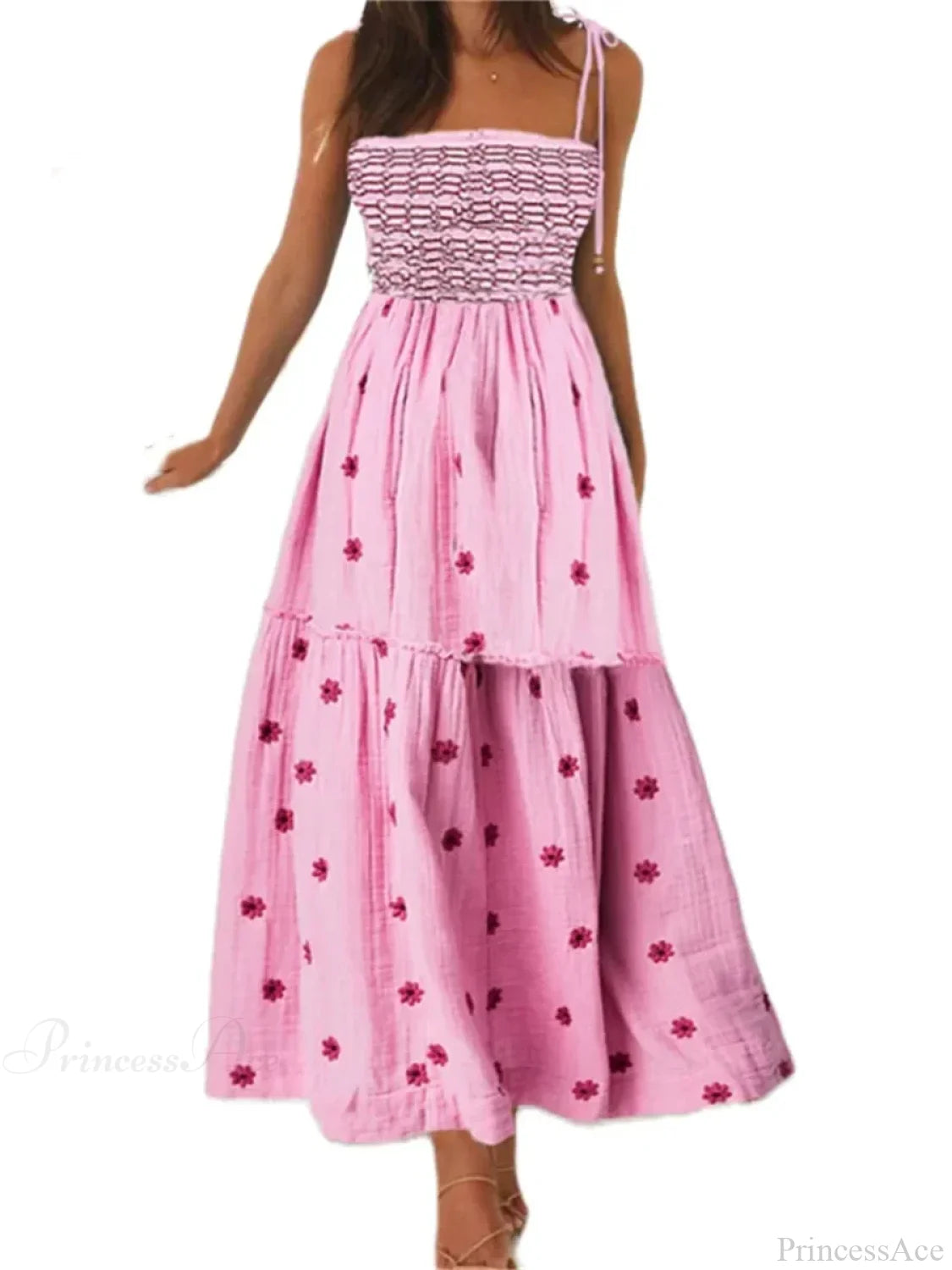 Boho Summer Flower Embroidery Tie-Up Shoulder Shirred A-Line Beach Dress PINK2 / S floraldress-250126