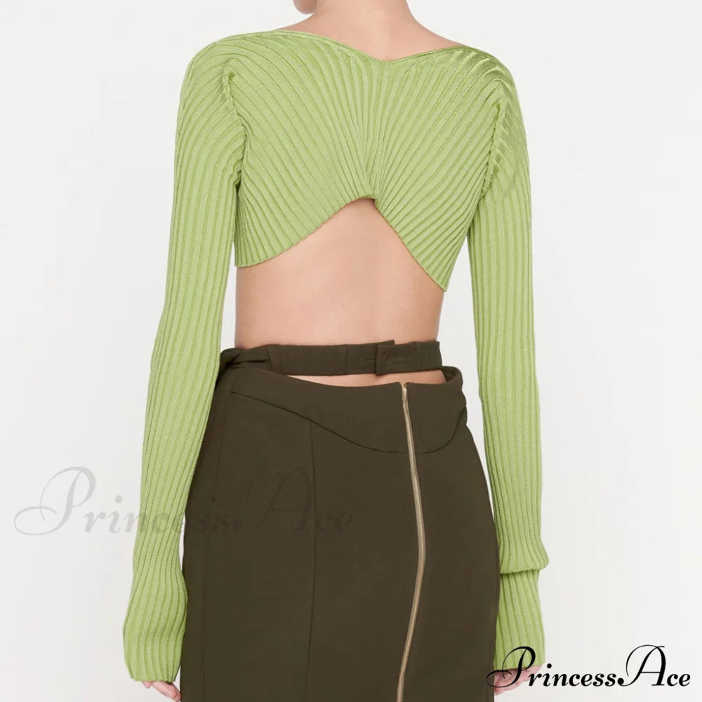 Bold Letter Chain Open Front Long Sophisticated Sleeve Ribbed Crop Cardigan - Black L / Green