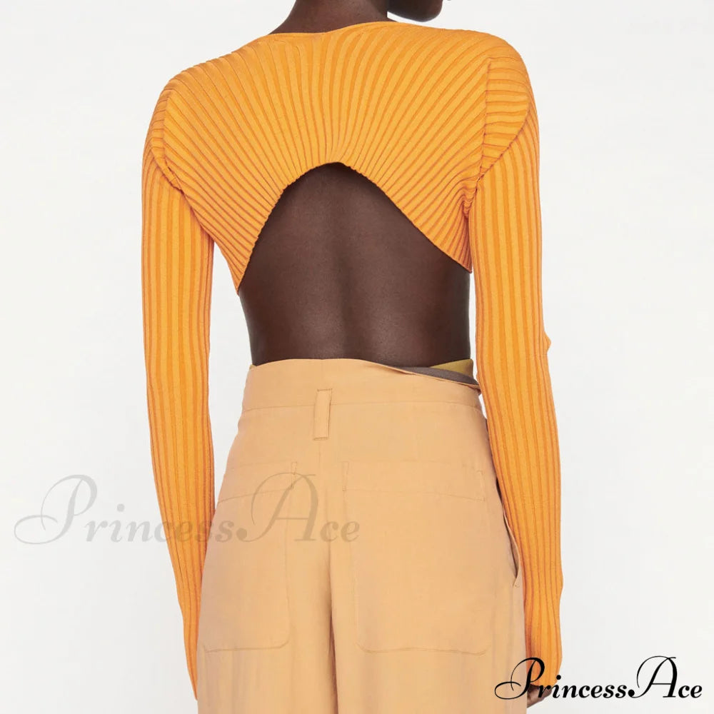 Bold Letter Chain Open Front Long Sophisticated Sleeve Ribbed Crop Cardigan - Green L / Orange