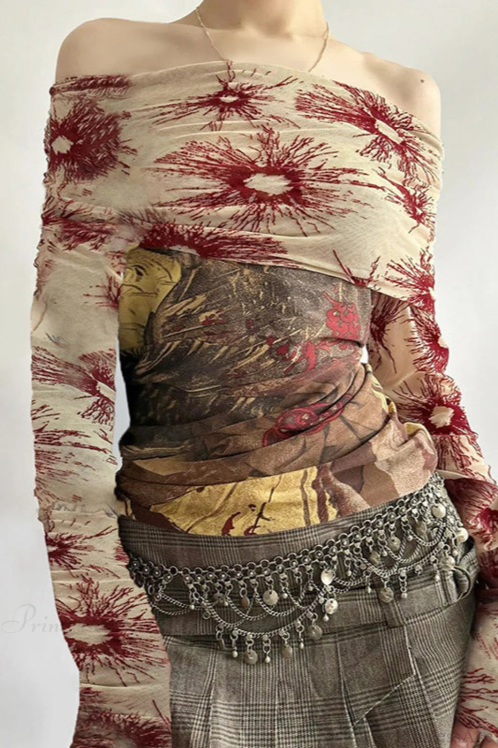 Botanical Print Retro Mesh Panel Boat Neck Long Sleeve Tee Brown / S