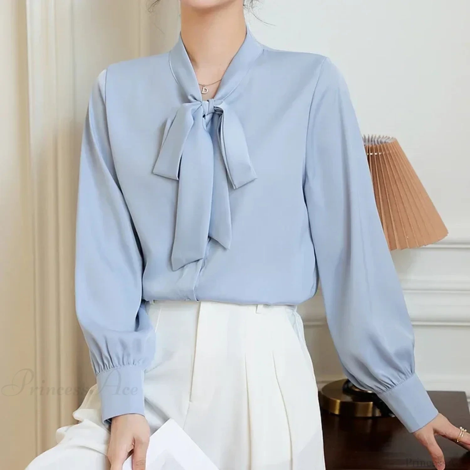 Bow Champagne Satin Long Sleeve Office Lady Blouse blouse-250126