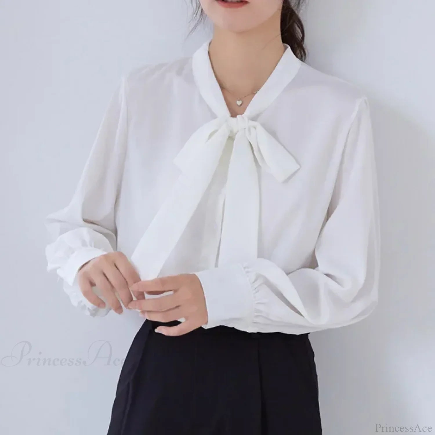 Bow Champagne Satin Long Sleeve Office Lady Blouse blouse-250126