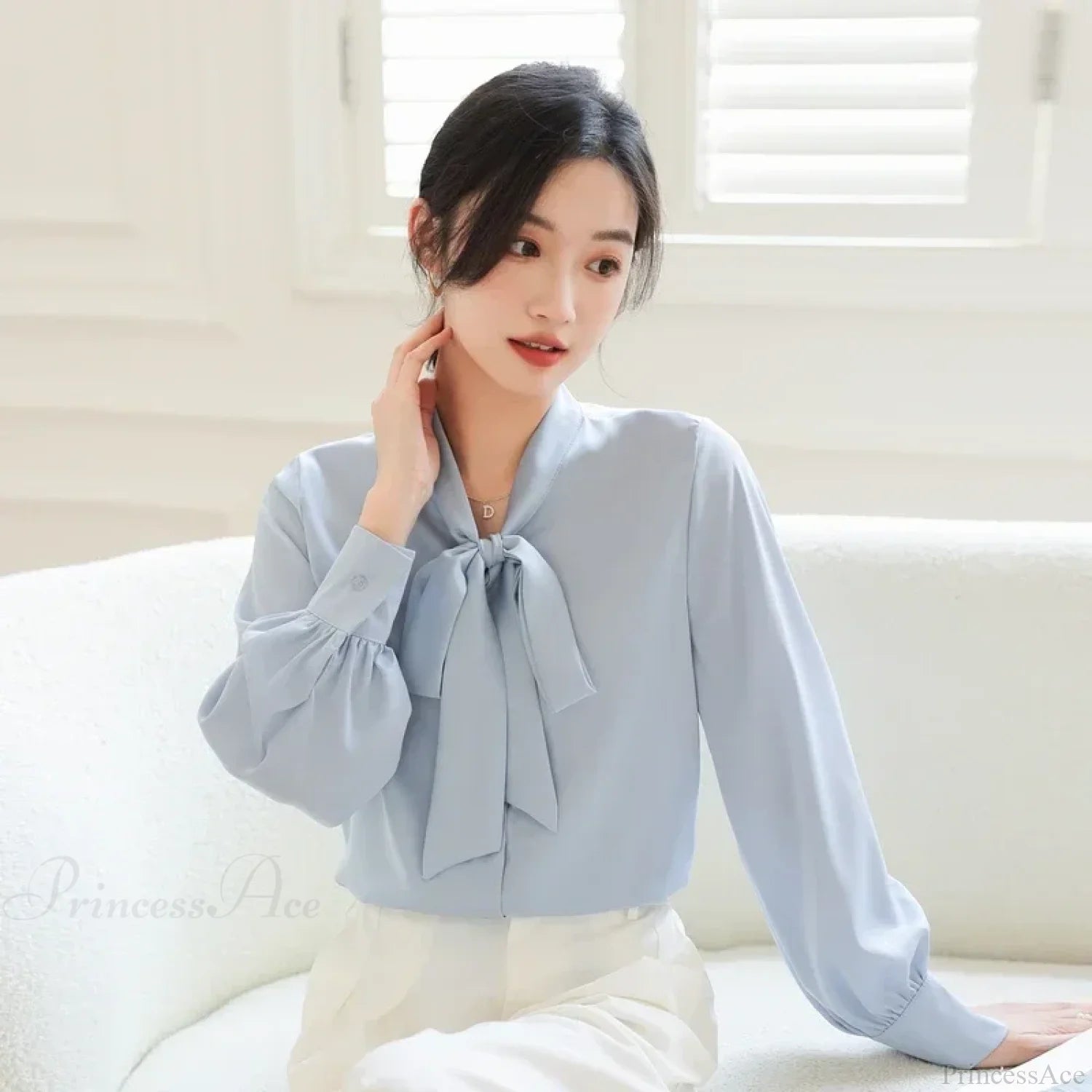 Bow Champagne Satin Long Sleeve Office Lady Blouse Light Blue / S blouse-250126