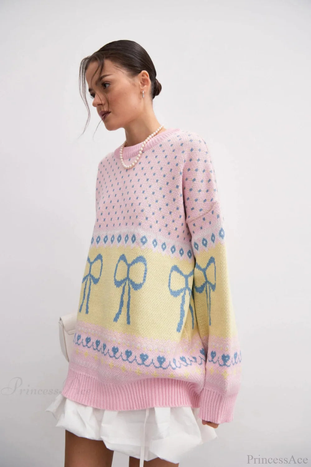 Bow Color Block Crew Neck Outer Wear Warm Lazy Knit Sweater