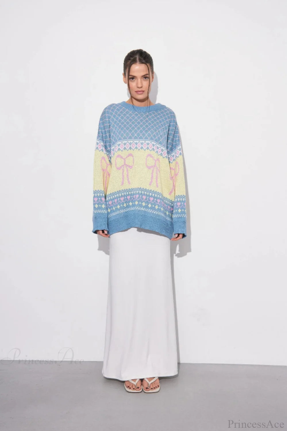 Bow Color Block Crew Neck Outer Wear Warm Lazy Knit Sweater