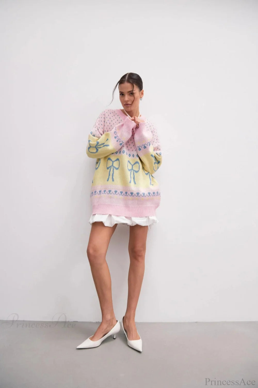 Bow Color Block Crew Neck Outer Wear Warm Lazy Knit Sweater