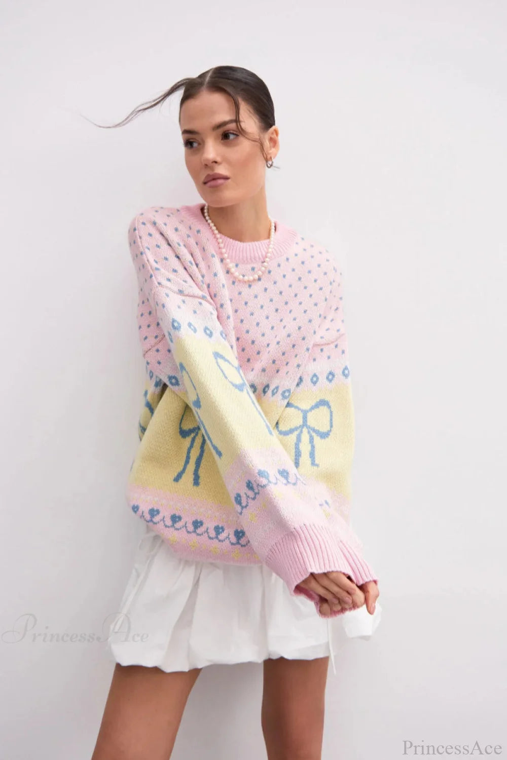 Bow Color Block Crew Neck Outer Wear Warm Lazy Knit Sweater Pink / S