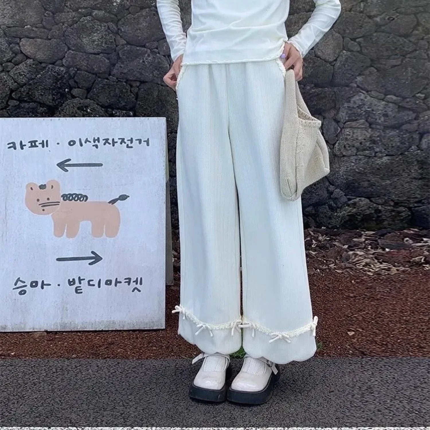 Bow Lace Corduroy Wide Leg Pants White / S