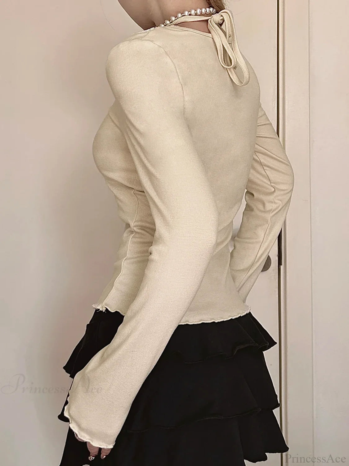 Bow Patchwork Lace Trim Halter V-Neck Long Sleeve Knit Top knittop-250126