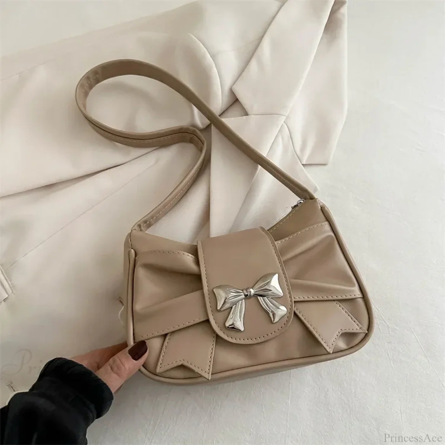 Bow PU Leather Casual Shoulder Handbag Khaki shoulder-250126