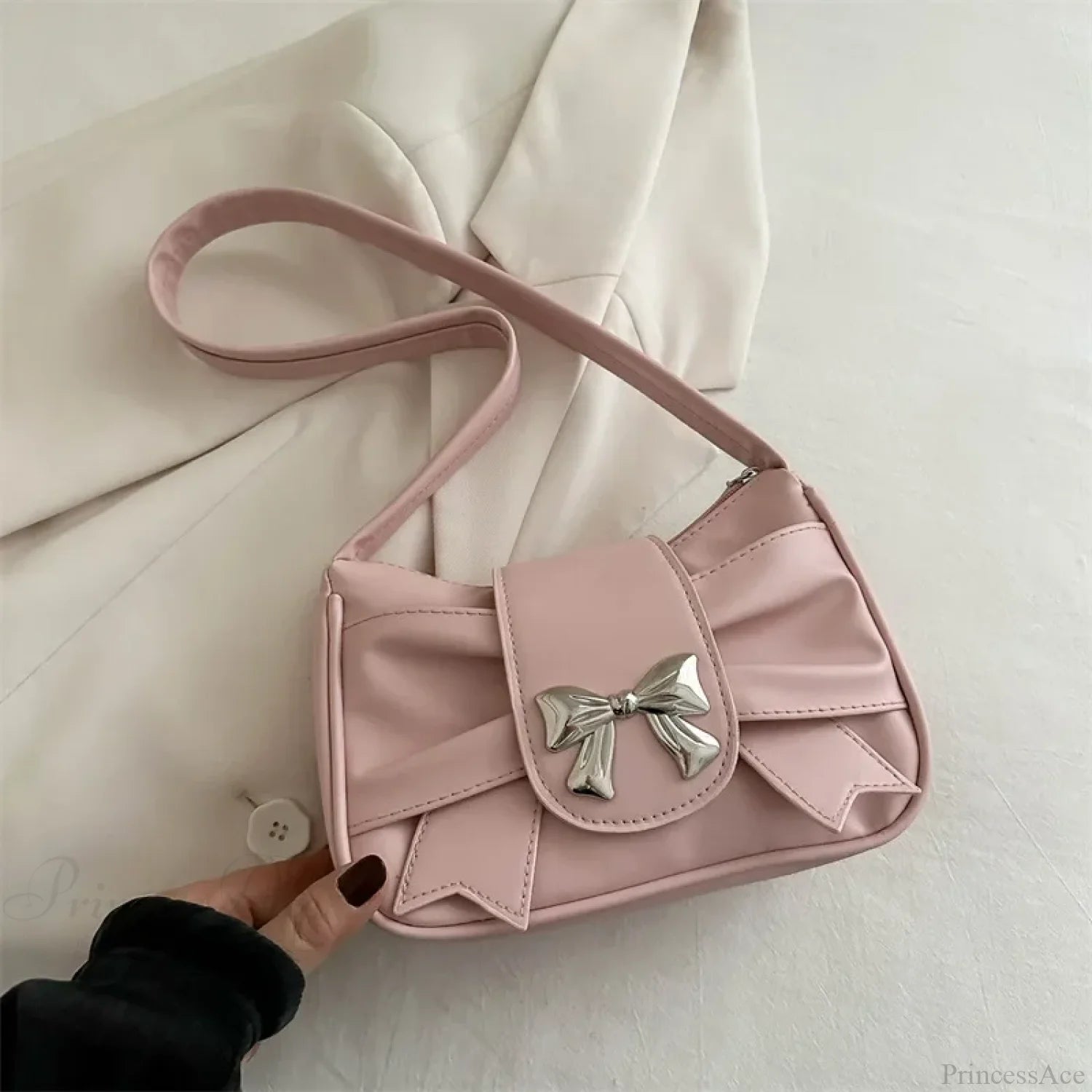 Bow PU Leather Casual Shoulder Handbag Pink shoulder-250126