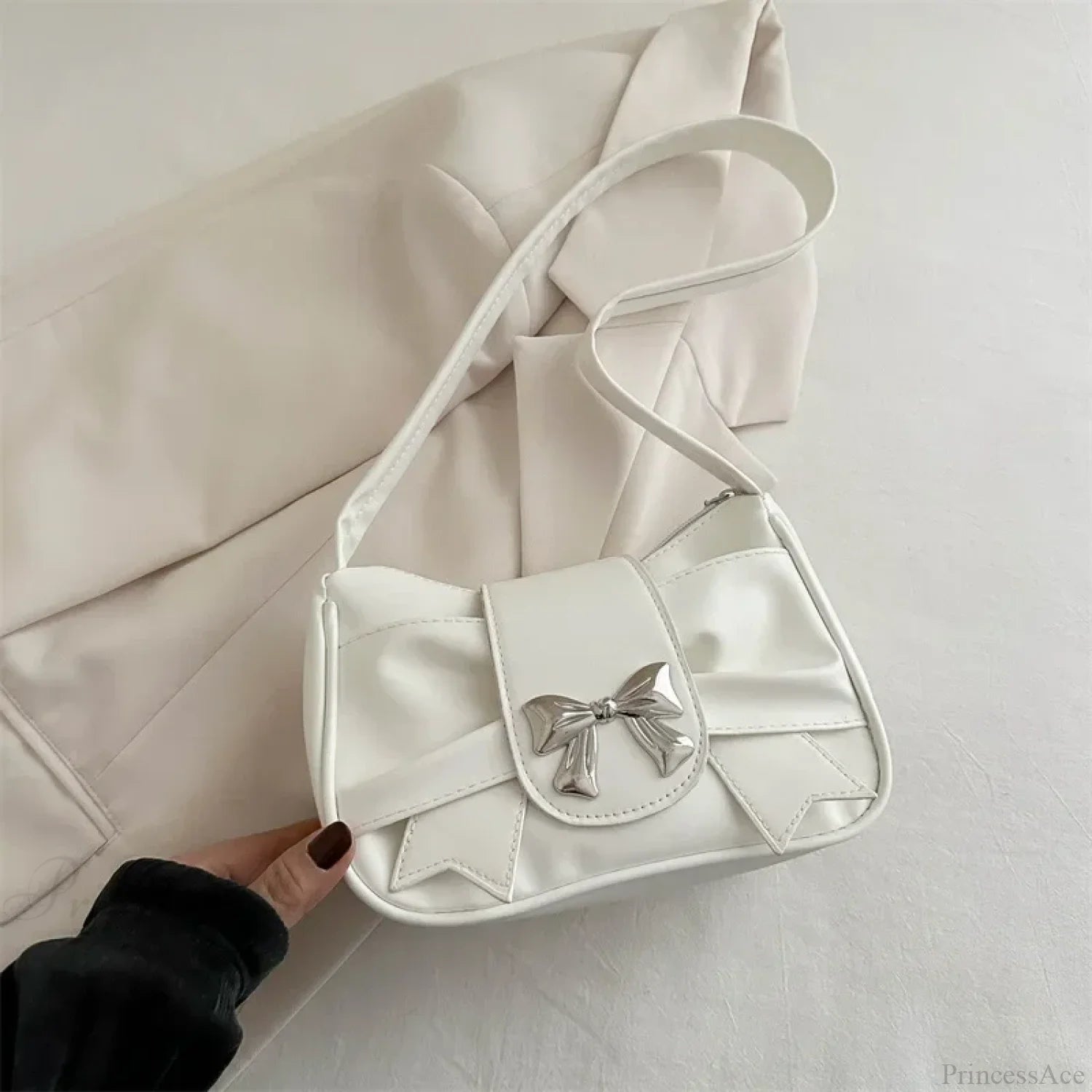 Bow PU Leather Casual Shoulder Handbag White shoulder-250126