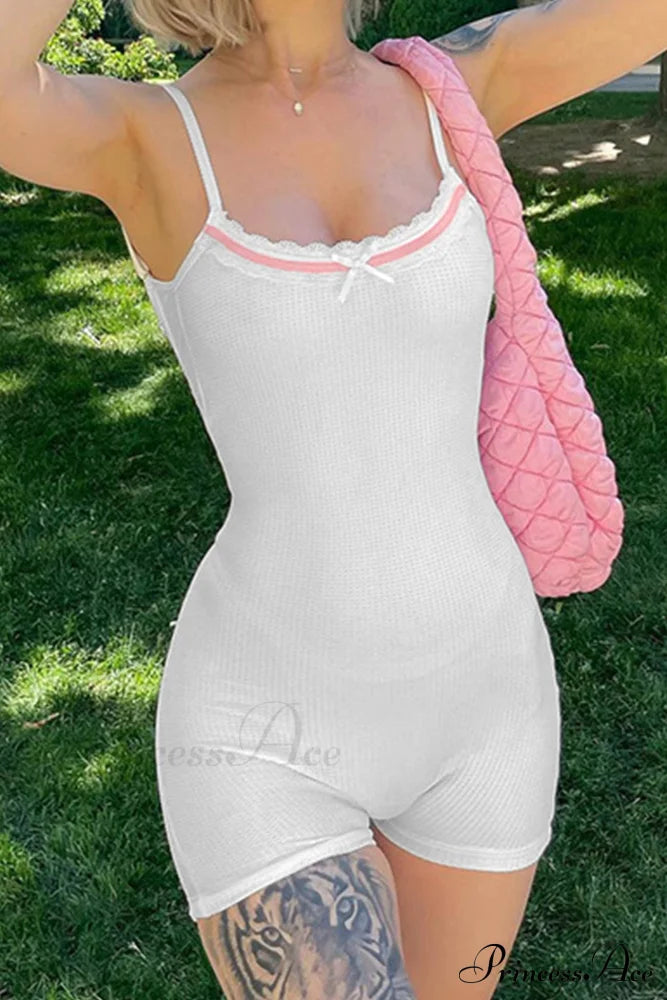 Bow-Tie Backless Bodycon Cami Rompers With Lacework