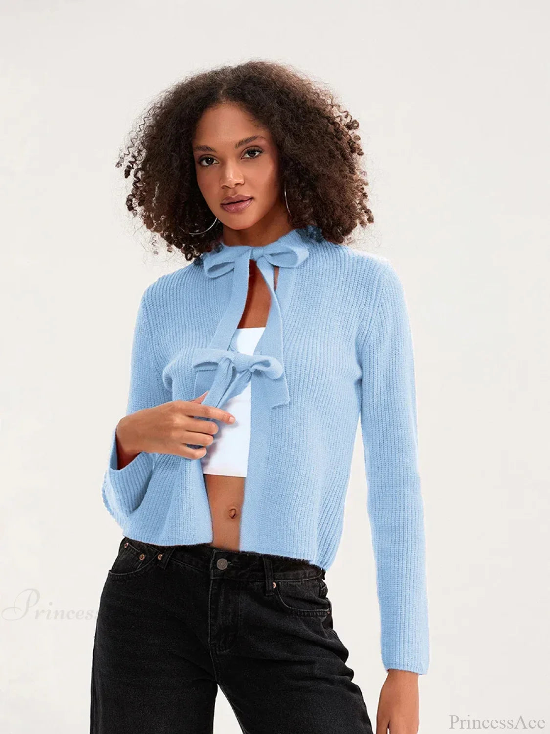 Bow Tie Front Crew Neck Knit Cardigan blue / S