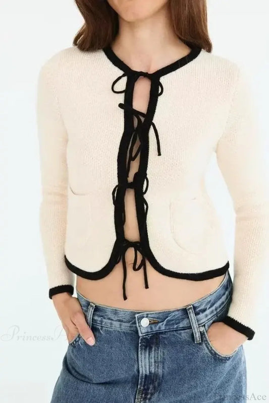 Bow Tie V-neck Long Sleeve Cardigan WHITE / S