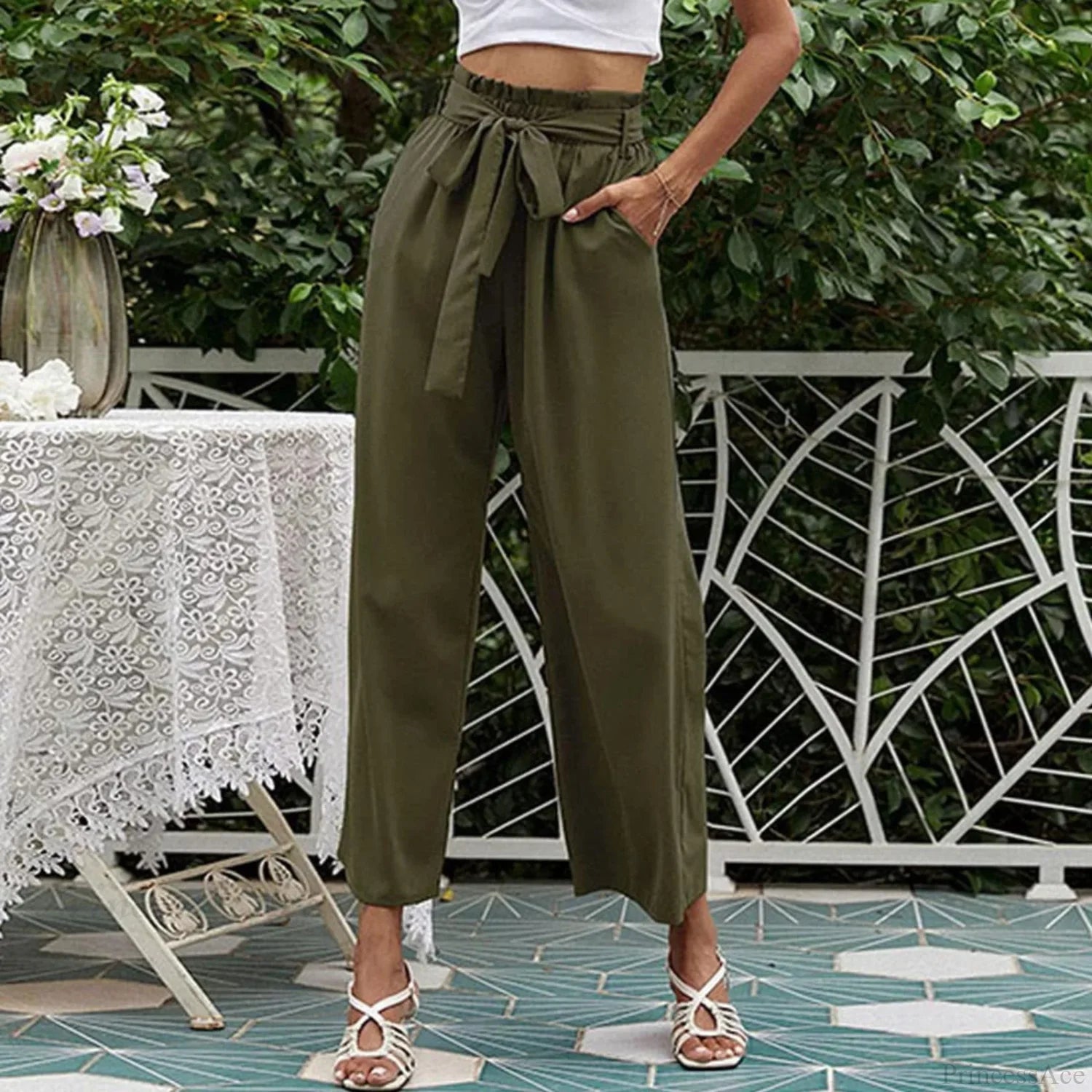 Bow Waistband Pleated Cotton Linen Pants green 1 / S