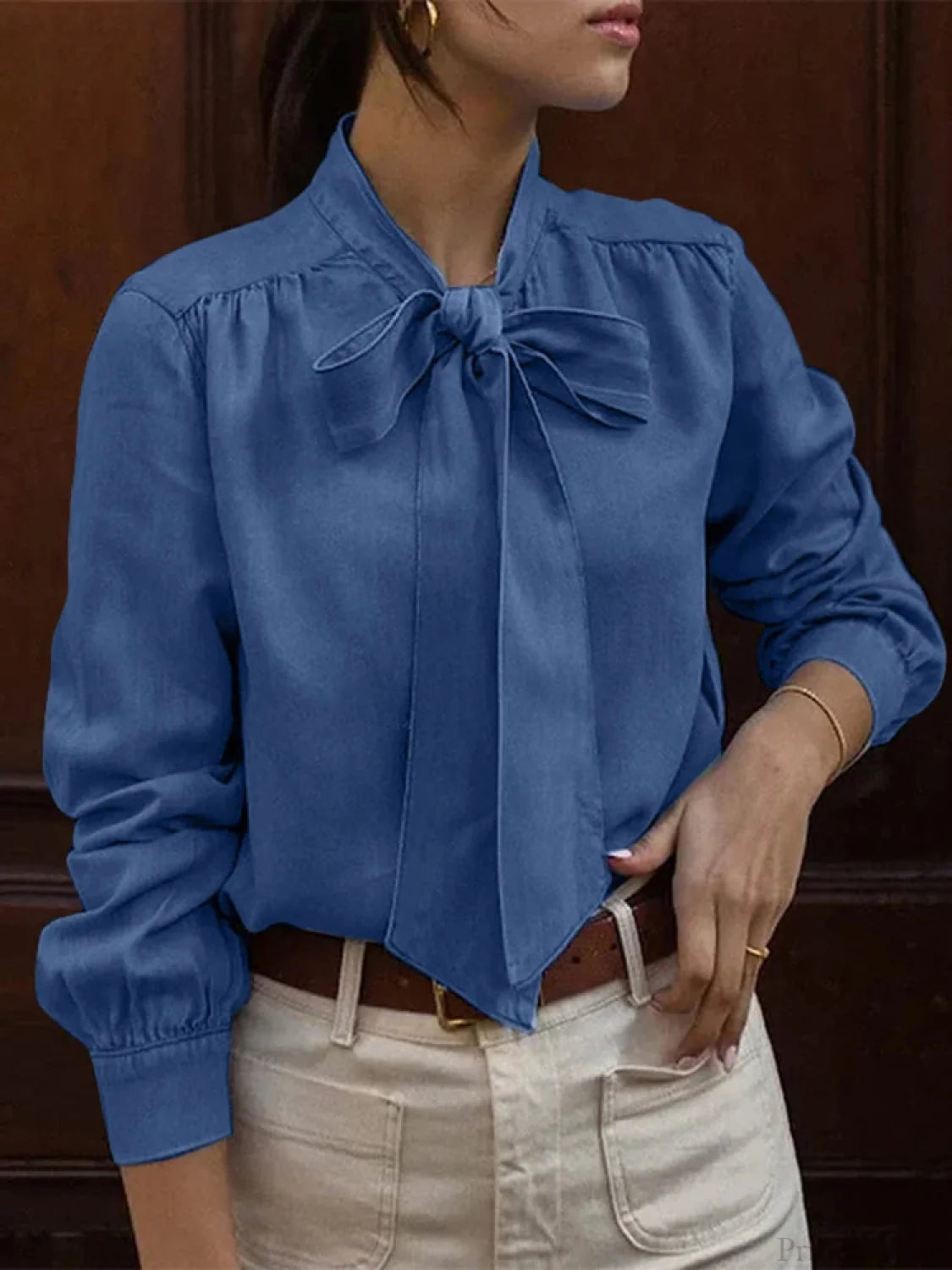 Bowtie Neck Pleating Blouse Casual Chic Blouse Dark Blue / S blouse-250126
