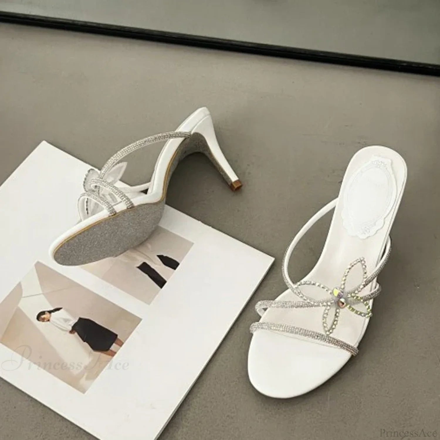 Brand Glitter Rhinestones Bowknot Narrow Band Low Heels Summer Party Sandals High Heel