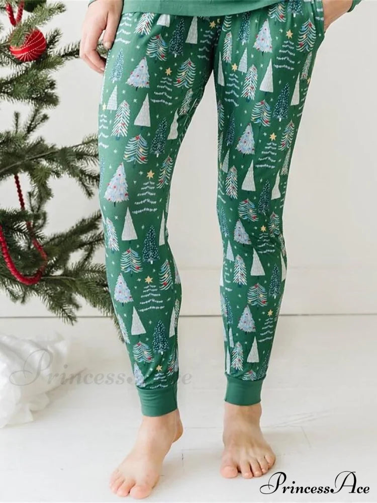 Breathable Long Women’s Pant Button Pajama Fall V And - Trees Arm Set Pink Cotton Christmas
